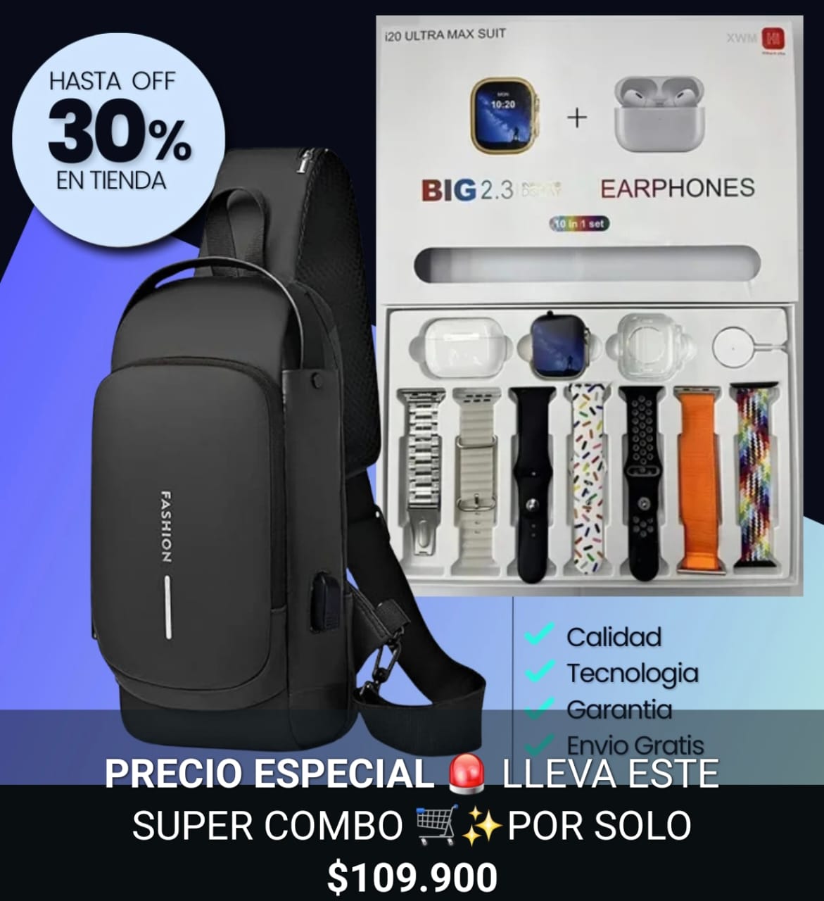 COMBO DE RELOJ+ AUDIFONOS+BOLSO IMPERMEABLE